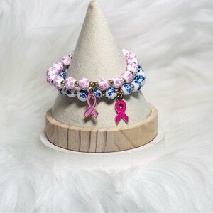 Ceramic Floral Beaded Stretch Bracelet w/ Pink Breast Cancer Charm Set